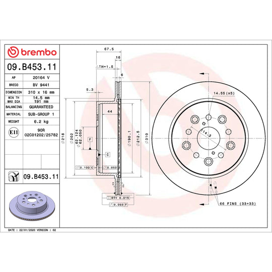 09.B453.11 Brembo Premium Coated Vented Brake Rotor Brembo Brake Canada