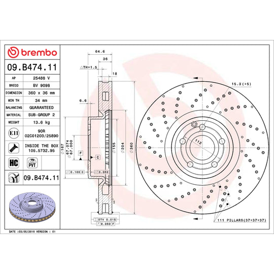 09.B474.11 Brembo Premium Coated Vented Brake Rotor Brembo Brake Canada