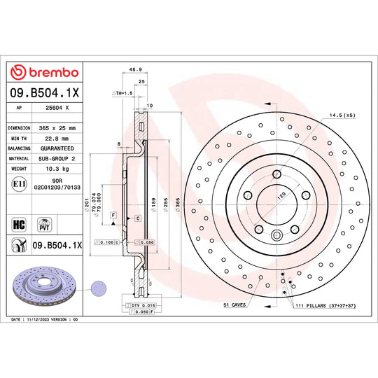 09.B504.1X Brembo Premium UV Coated XTRA Cross Drilled Brake Rotor Brembo Brake Canada