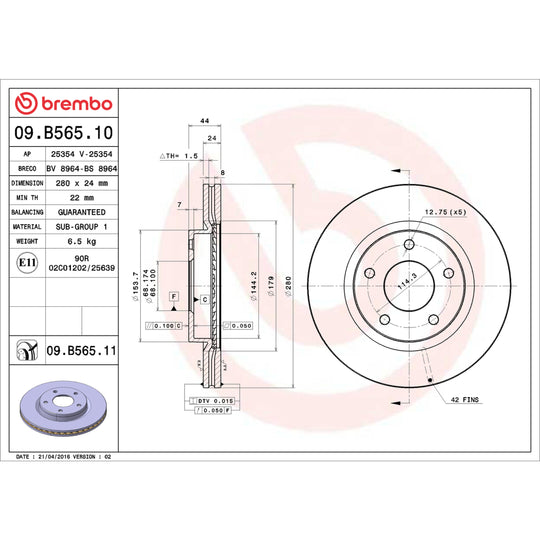 09.B565.10 Brembo Premium Vented Brake Rotor Brembo Brake Canada