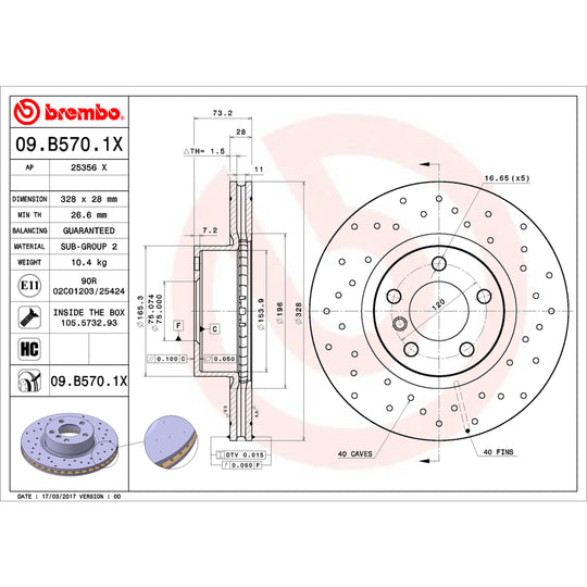09.B570.1X Brembo Premium UV Coated XTRA Cross Drilled Brake Rotor Brembo Brake Canada