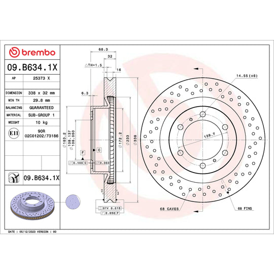 09.B634.1X Brembo Premium UV Coated XTRA Cross Drilled Brake Rotor Brembo Brake Canada