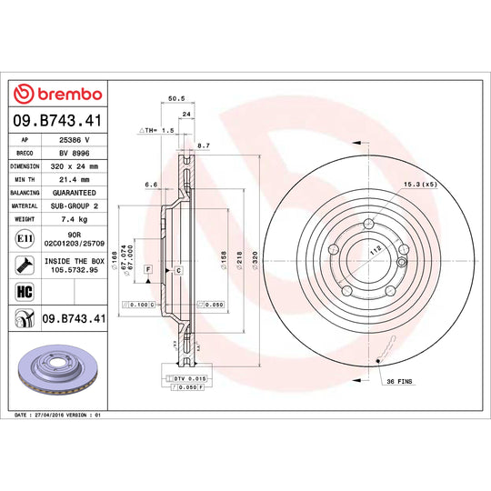 09.B743.41 Brembo Premium Coated Vented Brake Rotor Brembo Brake Canada