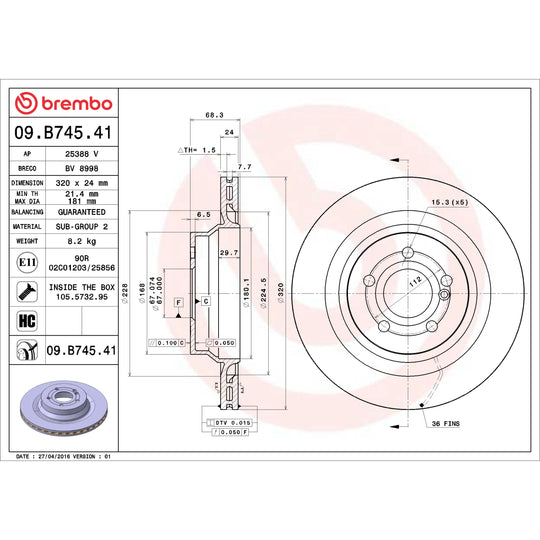 09.B745.41 Brembo Premium Coated Vented Brake Rotor Brembo Brake Canada