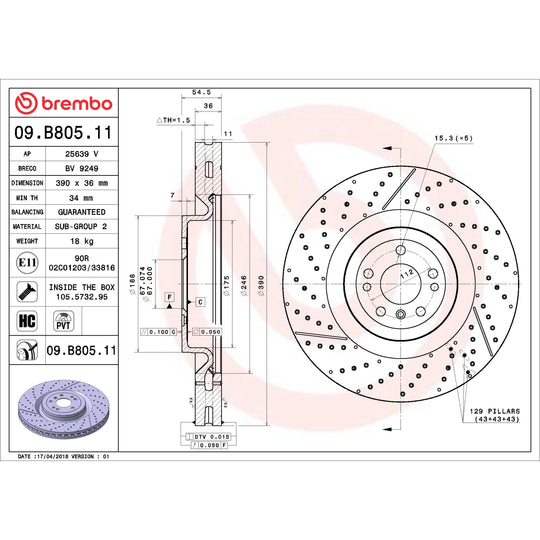 09.B805.11 Brembo Premium Coated Vented Brake Rotor Brembo Brake Canada