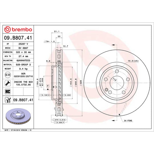 09.B807.41 Brembo Premium Coated Vented Brake Rotor Brembo Brake Canada