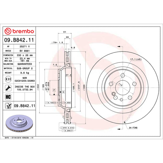 09.B842.11 Brembo Premium Coated Vented Brake Rotor Brembo Brake Canada
