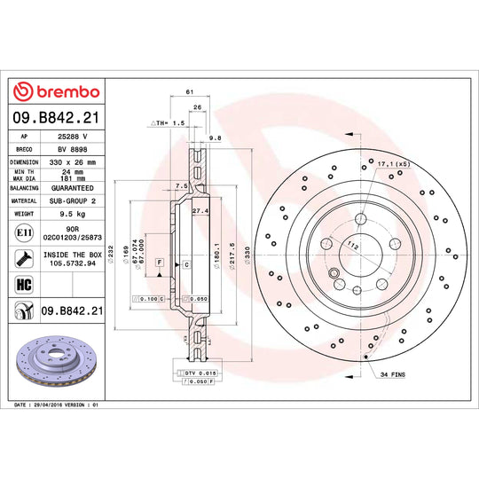 09.B842.21 Brembo Premium Coated Vented Brake Rotor Brembo Brake Canada