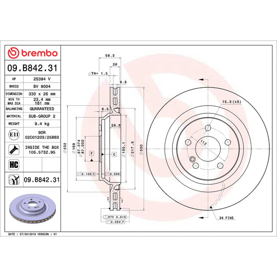 09.B842.31 Brembo Premium Coated Vented Brake Rotor Brembo Brake Canada