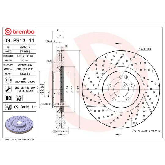 09.B913.11 Brembo Premium Coated Vented Brake Rotor Brembo Brake Canada