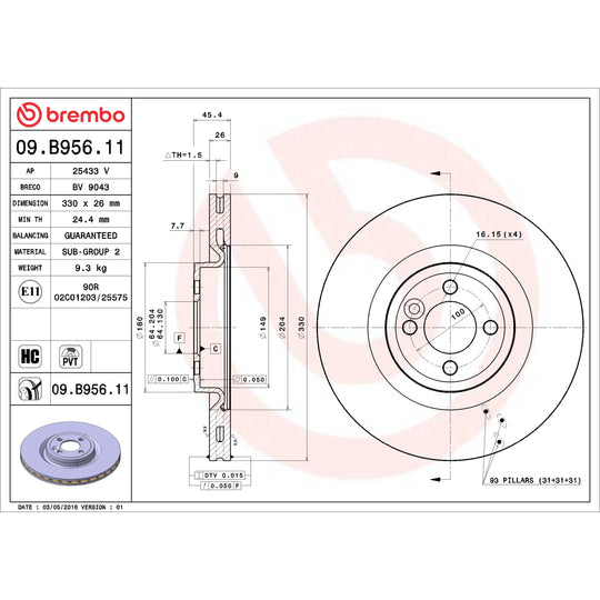 09.B956.11 Brembo Premium Coated Vented Brake Rotor Brembo Brake Canada