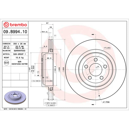 09.B994.10 Brembo Premium Vented Brake Rotor Brembo Brake Canada