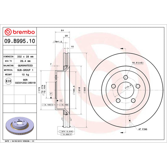 09.B995.10 Brembo Premium Vented Brake Rotor Brembo Brake Canada