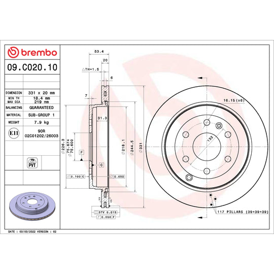 09.C020.10 Brembo Premium Vented Brake Rotor Brembo Brake Canada