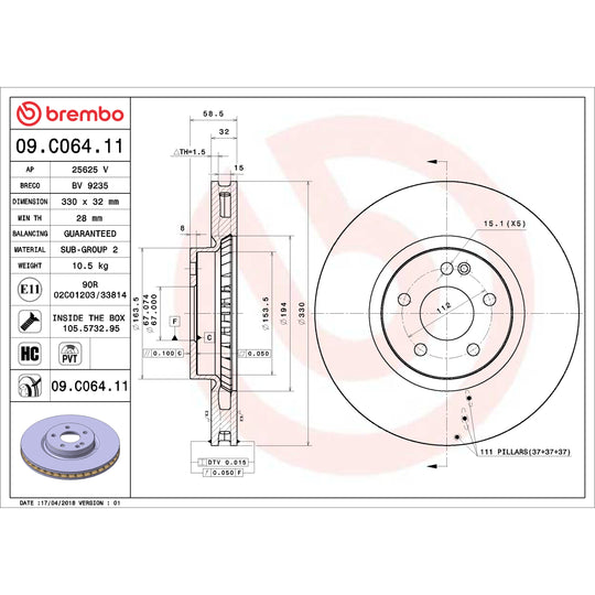 09.C064.11 Brembo Premium Coated Vented Brake Rotor Brembo Brake Canada