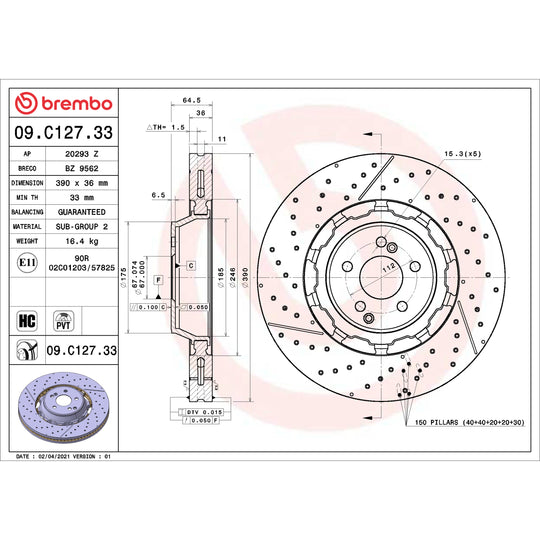 09.C127.33 Brembo Premium Dual Cast Vented Drilled/Grooved UV Coated Brake Rotor Brembo Brake Canada