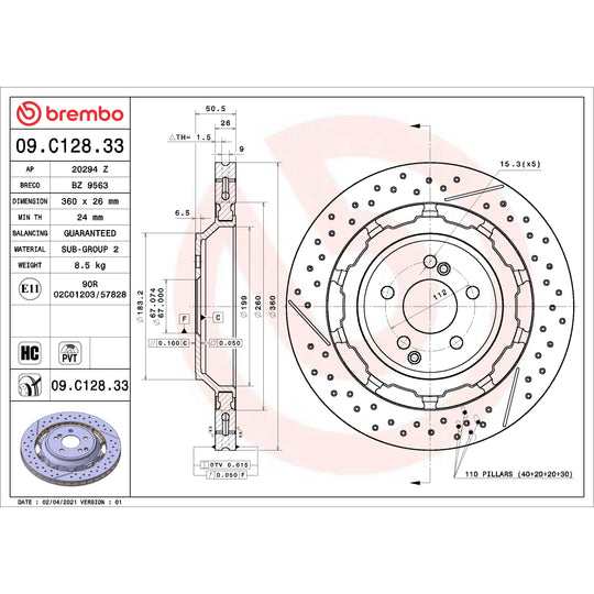 09.C128.33 Premium Dual Cast Vented Drilled/Grooved UV Coated Brake Rotor Brembo Canada