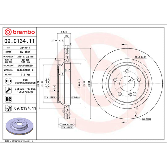09.C134.11 Brembo Premium Coated Vented Brake Rotor Brembo Brake Canada