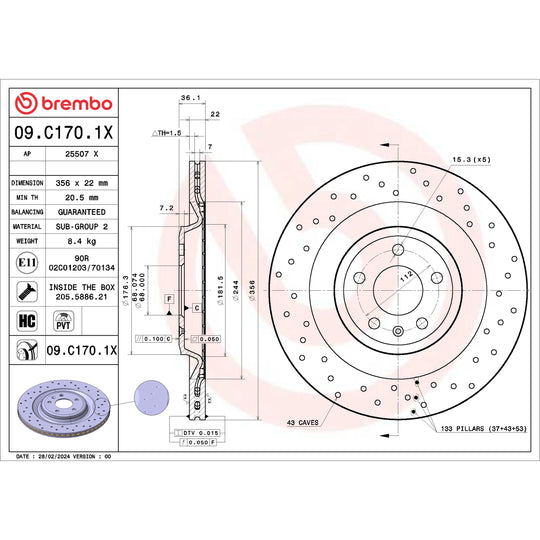 09.C170.1X Brembo Premium UV Coated XTRA Cross Drilled Brake Rotor Brembo Brake Canada