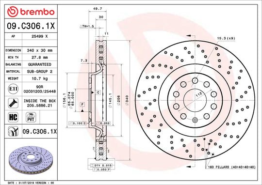 09.C306.1X Premium UV Coated XTRA Cross Drilled Brake Rotor Brembo Canada
