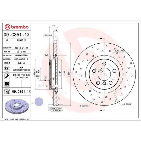 09.C351.1X Brembo Premium UV Coated XTRA Cross Drilled Brake Rotor Brembo Brake Canada