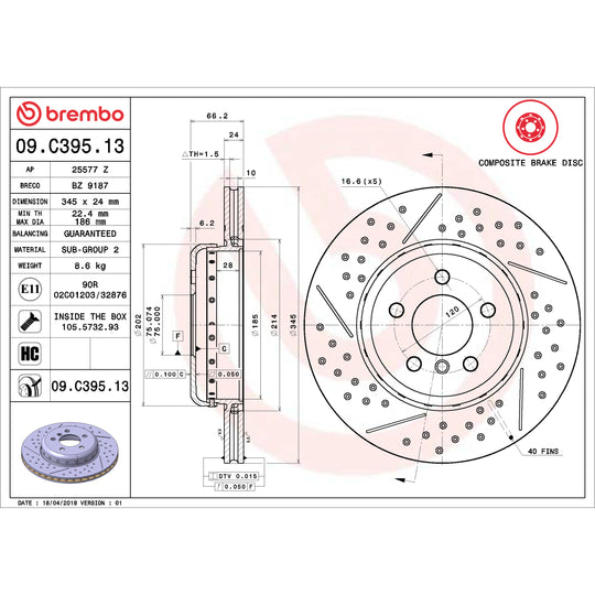 09.C395.13 Brembo Premium Vented Composite Brake Rotor Brembo Brake Canada