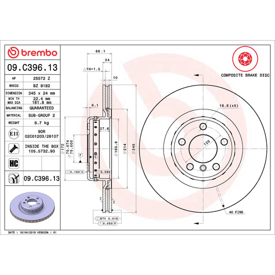 09.C396.13 Brembo Premium Vented Composite Brake Rotor Brembo Brake Canada