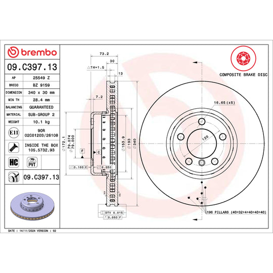09.C397.13 Brembo Premium Vented Composite Brake Rotor Brembo Brake Canada