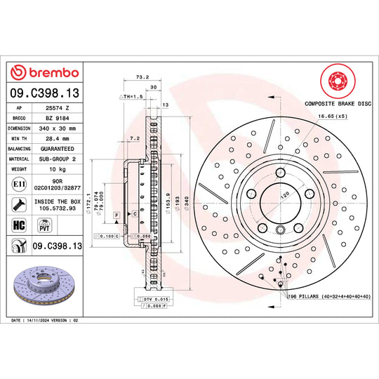 09.C398.13 Brembo Premium Vented Composite Brake Rotor Brembo Brake Canada