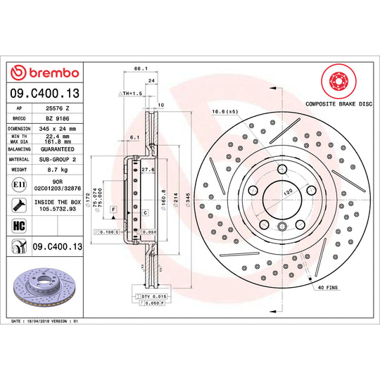 KT00711 Brembo Ceramic Brake Pad and Composite Vented Drilled and Slotted Brake Disc Kit Brembo Brake Canada