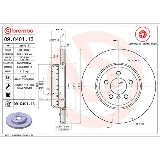 09.C401.13 Brembo Premium Vented Composite Brake Rotor Brembo Brake Canada