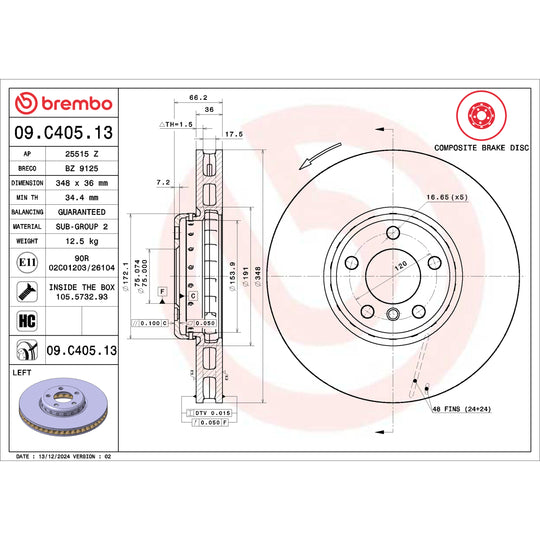 09.C405.13 Brembo Premium Vented Composite Brake Rotor Brembo Brake Canada