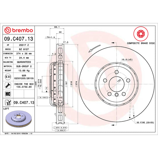 09.C407.13 Brembo Premium Vented Composite Brake Rotor Brembo Brake Canada