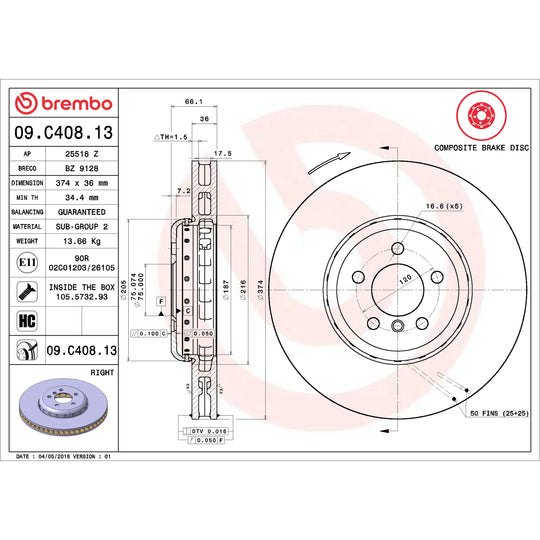 09.C408.13 Brembo Premium Vented Composite Brake Rotor Brembo Brake Canada