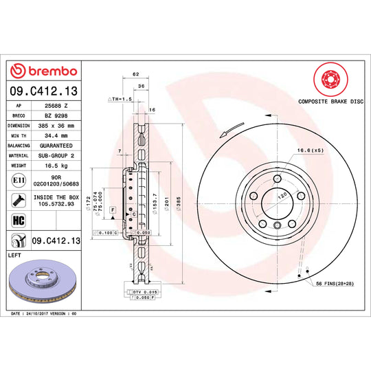 09.C412.13 Brembo Premium Vented Composite Brake Rotor Brembo Brake Canada