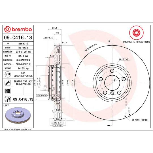 09.C416.13 Brembo Premium Vented Composite Brake Rotor Brembo Brake Canada