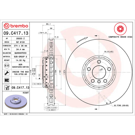 09.C417.13 Brembo Premium Vented Composite Brake Rotor Brembo Brake Canada