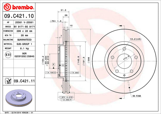 09.C421.11 Brembo Premium Coated Vented Brake Rotor Brembo Brake Canada