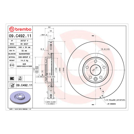 09.C492.11 Brembo Premium Coated Vented Brake Rotor Brembo Brake Canada