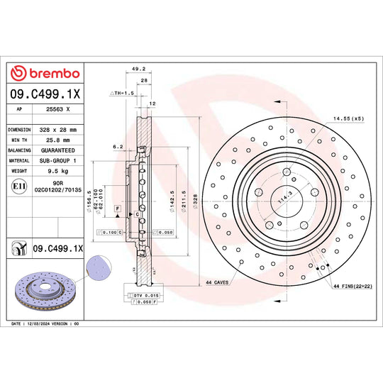 09.C499.1X Brembo Premium UV Coated XTRA Cross Drilled Brake Rotor Brembo Brake Canada