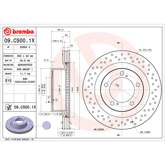 09.C500.1X Brembo Premium UV Coated XTRA Cross Drilled Brake Rotor Brembo Brake Canada
