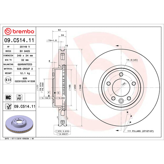 09.C514.11 Brembo Premium Coated Vented Brake Rotor Brembo Brake Canada