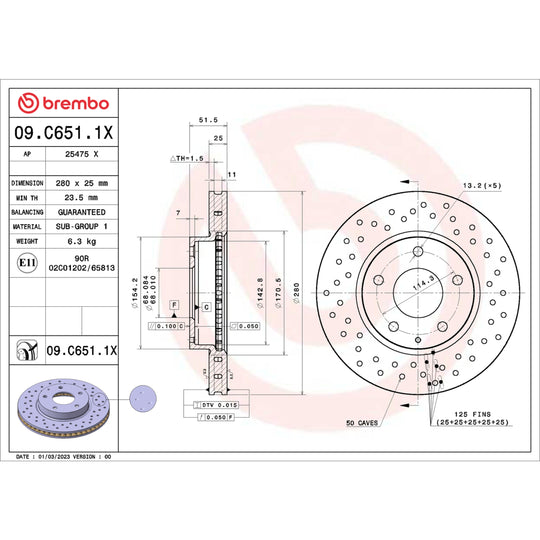 09.C651.1X Brembo Premium UV Coated XTRA Cross Drilled Brake Rotor Brembo Brake Canada
