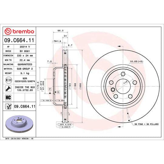 09.C664.11 Brembo Premium Coated Vented Brake Rotor Brembo Brake Canada