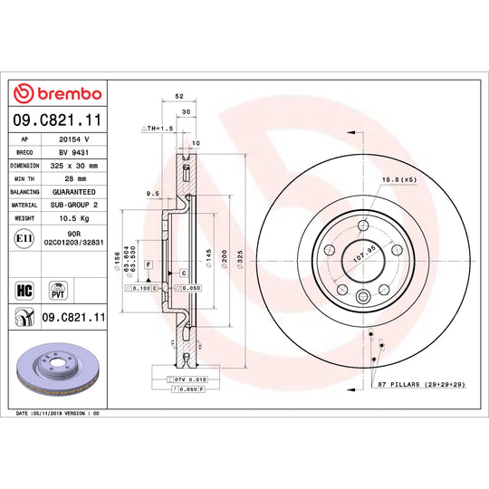 09.C821.11 Brembo Premium Coated Vented Brake Rotor Brembo Brake Canada