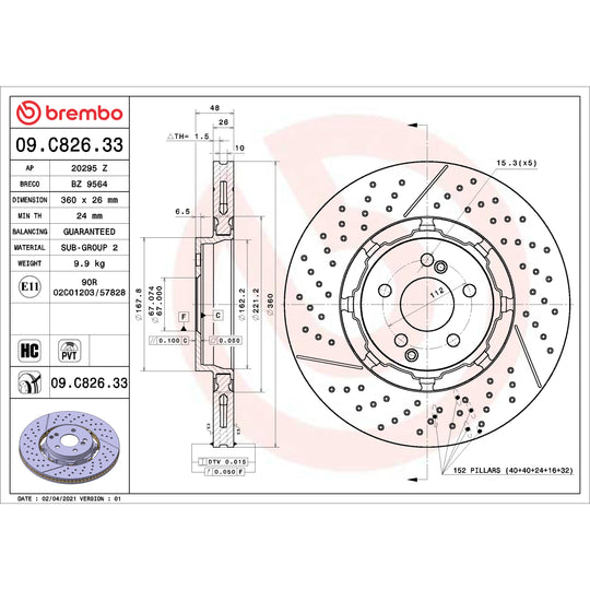 09.C826.33 Brembo Premium Dual Cast Vented Drilled/Grooved UV Coated Brake Rotor Brembo Brake Canada