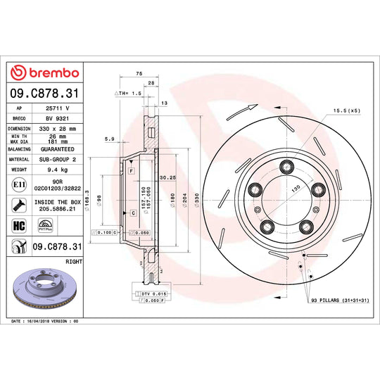 09.C878.31 Brembo Premium Coated Vented Brake Rotor Brembo Brake Canada
