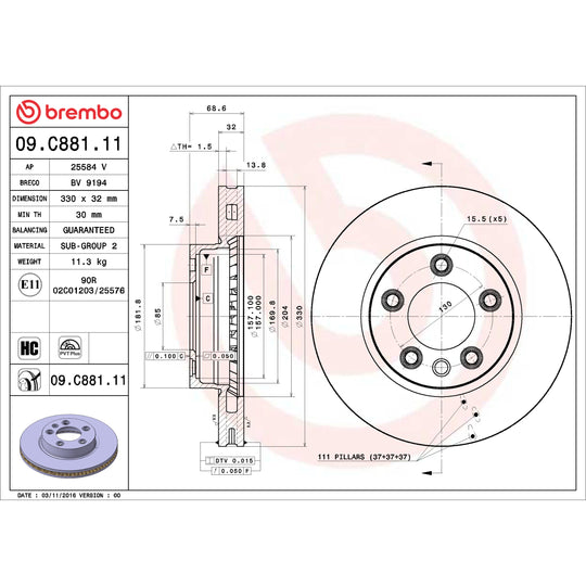 09.C881.11 Brembo Premium Coated Vented Brake Rotor Brembo Brake Canada