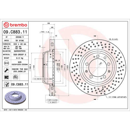 09.C883.11 Brembo Premium Coated Vented Brake Rotor Brembo Brake Canada