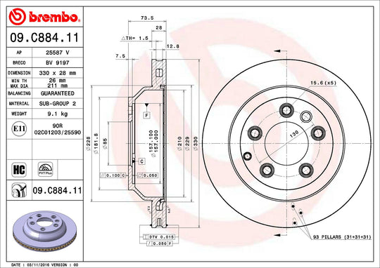 09.C884.11 Brembo UV Coated Disc Brake Rotor Brembo Brakes Canada